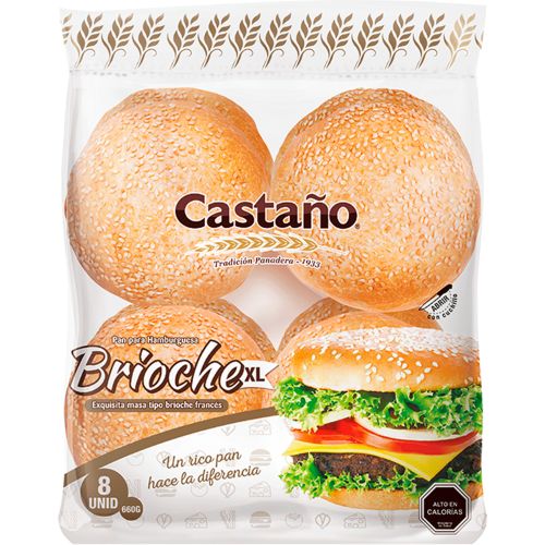Castaño Pan de Hamburguesa Brioche XL 660 gr 8 unid Comercial Mayorista